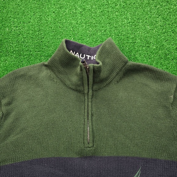 Nautica Sweater Mens Large Green Blue 1/4 Zip‎ Pullover Preppy Casual - Picture 2 of 10